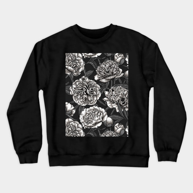 White peony flowers on dark gray Crewneck Sweatshirt by katerinamk